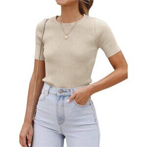 Women's Short Sleeve Sweater Tops 2025 Summer Crewneck T Shirt Ribbed